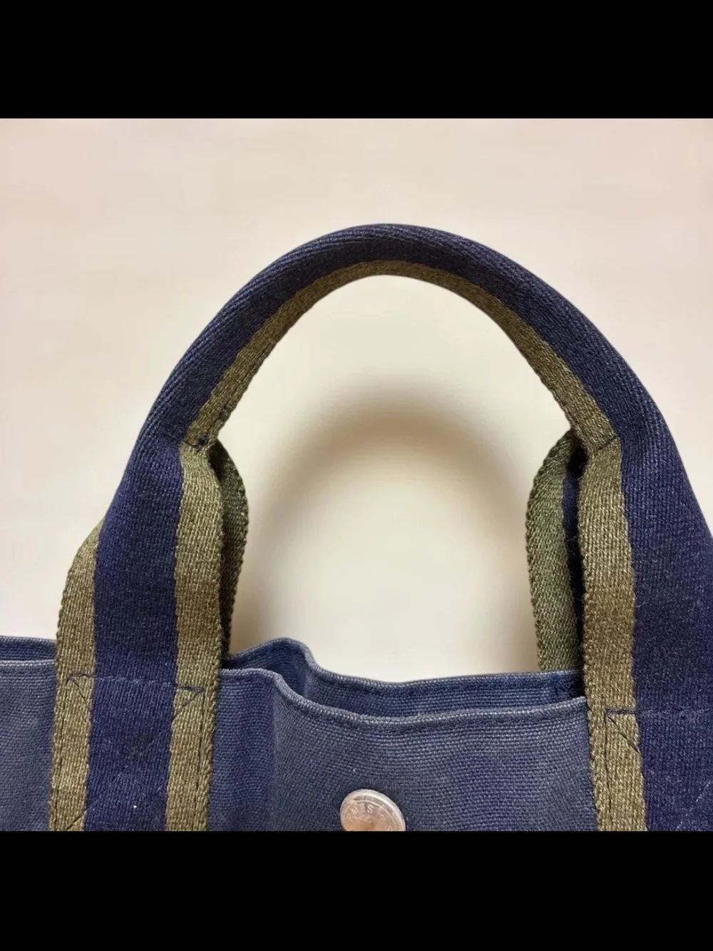 Hermes Navy Canvas Tote with Olive-Trim Handles
